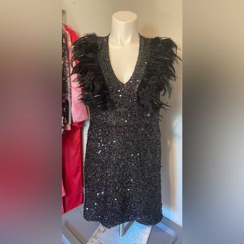 Elegant Black Sequin Dress with Feather Detail